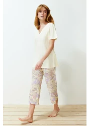  Collection Knitted Capri Pajama Set - Yellow Floral Pattern THMSS24PT00210