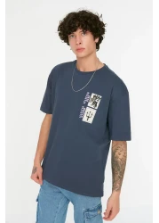  Collection تي شيرت قطني كبير الحجم مطبوع باللون الأزرق الداكن - كم قصير TMNSS21TS3559