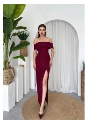 Afiş Butik Burgundy Madonna Collar Floral Embroidered Slit Long Dress