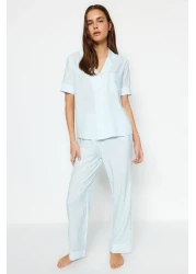  Collection Blue Striped Viscose Shirt-Pants Woven Pajamas Set THMSS21PT0159