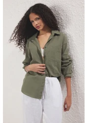  Collection Khaki Cotton Blended Linen Look Oversize Wide Fit Woven Shirt Twoss25Go00096