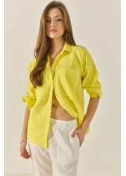 Bianco Lucci قميص كتان نسائي كبير الحجم بجيب مزدوج