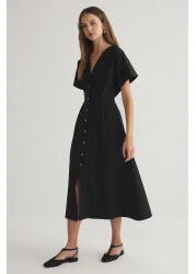  Collection فستان قميص أسود منسوج بخصر متوسط الطول TWOSS24EL00052