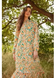  Modest Orange Floral Half Placket Skirt Tip Ruffle Lined Woven Dress TCTSS21EL3353