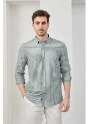 RAVANELLI قميص رجالي مخطط من القطن والكتان ذو قصة ضيقة