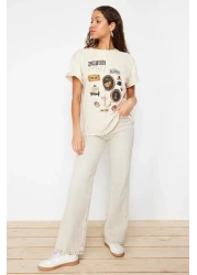  Collection تي شيرت محبوك من Premium Stone 100% قطن مطبوع كبير الحجم/قصة واسعة ورقبة دائرية TWOSS23TS00282