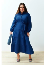  Modest Saks Belted Chief Collar Button Detail Woven Dress TCTSS21EL3343