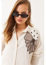 Bianco Lucci Women's Bow Patterned Bead Stone Embroidered Linen Aerobin Oversize Shirt 60283031