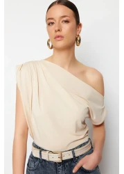  Collection Asymmetrical Neckline and Zero Sleeve Stretchy Knitted Blouse - Stone Regular Fit Twoss24Bz00396