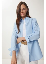 Happiness İstanbul قميص نسائي أساسي طويل كبير الحجم باللون الأزرق السماوي DD00842