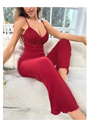 Aura ZEHRA طقم نسائي بحمالات من الدانتيل باللون العنابي