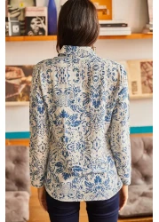 Olalook Women's Ecru Blue Patterned Viscose Shirt GML-19000891