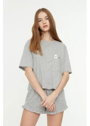  Collection طقم بيجامة محبوكة مع شورت مطبوع مكشكش من القطن باللون الرمادي THMSS22PT0422