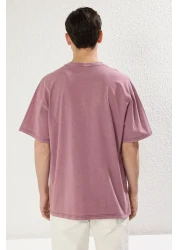  Collection Purple Oversize/Wide Cut Faded Effect Text Printed 100% Cotton Tuck Fabric T-Shirt Tmnss23Ts00174