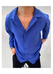 MFU collection قميص رجالي من الكتان - قميص واسع القطع كبير الحجم