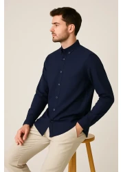 mavisima erkek giyimi قميص فضفاض بأكمام طويلة وأزرار باللون الأزرق الداكن للرجال | ملاءمة مريحة - تصميم أنيق