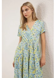  Collection Yellow Floral Printed Double Breasted Stretchy Skater/Waist Cut Midi Knitted Dress Twoss24El00417