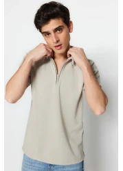  Collection Premium Stone Regular/Normal Cut Pique Zip-Up Polo Neck T-Shirt Tmnss23Po00019