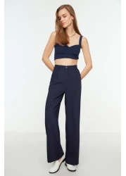  Collection Navy Blue High Waist Wide Leg / Wide Leg Striped Woven Trousers TWOSS22PL0100