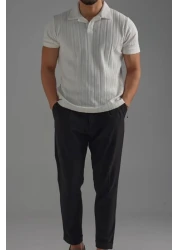 Tarz Cool Men's White Embroidered Polo Neck T-Shirt