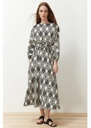  Modest Black Patterned Belt Detailed Crinkle Woven Dress TCTSS24EB00233