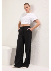  Collection بنطال قماش أسود مطوي بأرجل واسعة - TWOSS21PL0189