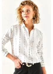 Olalook قميص نسائي من الكتان بتفاصيل خياطة بيضاء GML-19001144