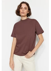  Collection تي شيرت منسوج بياقة واقفة أساسي من القطن بنسبة 100% مكون من قطعتين باللون البني والبيج TWOSS20TS1500