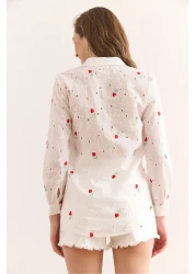 Olalook Women's White Red Colorful Floral Cotton Scallop Shirt Gml-19001326