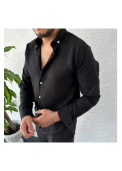 tetramoda قميص كتان - تصميم مجعد أسود