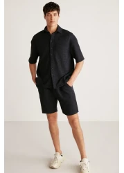 GRIMELANGE Umberto Men's Special Rustic Fabric Textured Relaxed Fit Navy Blue Shirt