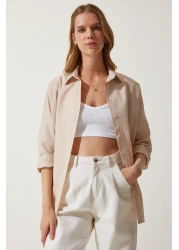 Happiness İstanbul قميص نسائي سادة طويل بقصة واسعة باللون الكريمي DD00842