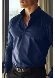  Collection Navy Blue Slim Fit Easy Ironable Smart Men's Shirt Tmnaw24Go00096