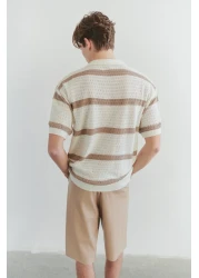  Collection Limited Edition Ecru Regular Polo Neck Striped Knitwear Polo Neck T-Shirt Tmnss24Po00004