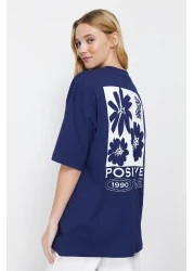  Collection Navy Blue 100% Cotton Back Printed Oversize/Wide Fit Crew Neck Knitted T-Shirt TWOSS23TS00321