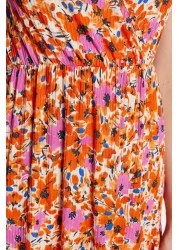  Collection فستان برتقالي منقوش بياقة على شكل حرف V بدون أكمام على شكل حرف A فستان محبوك طويل TWOSS22EL1588