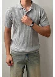 Tarz Cool Men's Gray Corded Buttoned Polo Neck Knitwear T-Shirt
