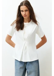  Collection Ecru Front Pleat Detailed Regular/Normal Fit Crew Neck Knitted Blouse Twoss24Bz00302