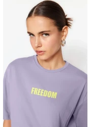  Collection Lilac 100% Cotton Slogan Printed Relaxed/Comfortable Fit Crew Neck Knitted T-Shirt TWOSS21TS0316