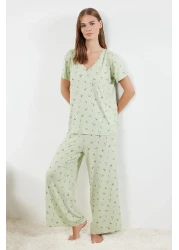  Collection Colorful Flower Patterned Mint Knitted Pajamas Set - THMSS24PT00231