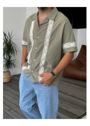 BYBASICMAN قميص كاكي مطرز بالدانتيل بأكمام قصيرة V-847