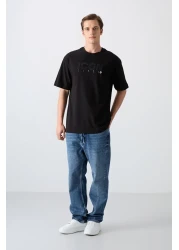 Tommy Life تي شيرت رجالي من القطن الأسود السميك الناعم المطبوع مقاس كبير - 88331