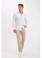 Defacto Modern Fit Buttoned Polo Neck Linen Look 100% Cotton Long Sleeve Shirt T6284Azns