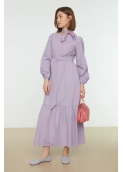  Modest Lilac Crew Neck Waist Belted Woven Dress TCTSS21EL3330