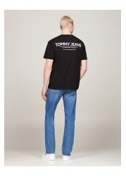 Tommy Hilfiger تي شيرت تومي هيلفيغر رجالي أسود بقصّة عادية وطبعة خطية من الخلف