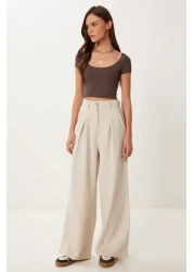 Happiness İstanbul بنطال نسائي واسع الساق من الكتان الكريمي المخلوط MX00211