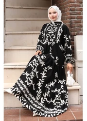 sefamerve فستان من قماش الفيسكوز نصف أزرار 2081-04 أبيض وأسود