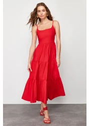  Collection Red Skirt Waist Opening Cotton Blend Maxi Woven Dress TWOSS24EL00386