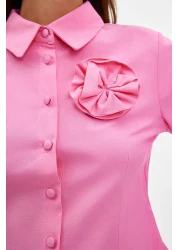  Modest Pink Flower Detailed Buttoned Woven Mother Daughter Shirt Dress Tctss24Eb00029