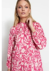  Modest Dark Pink Floral Half Placket Skirt Tip Ruffle Lined Woven Dress TCTSS21EL3353